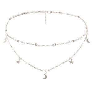 Fashion Layering Star Moon Charm Pendant Tassel Necklace Silver Chain